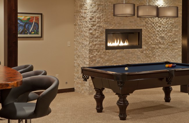 Highcraft basement remodel pool table fireplace
