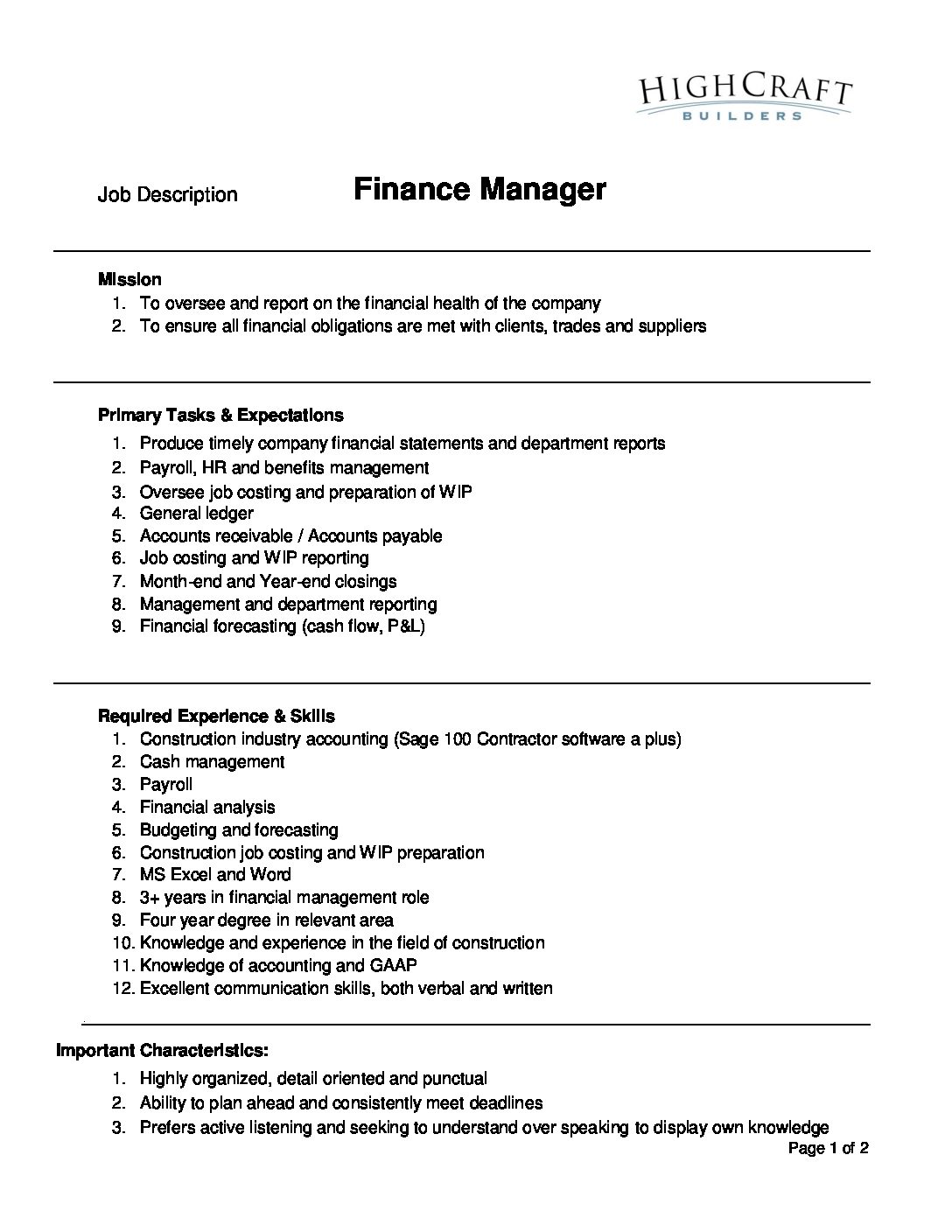 Finance Manager Job and Salary Description - HighCraft
