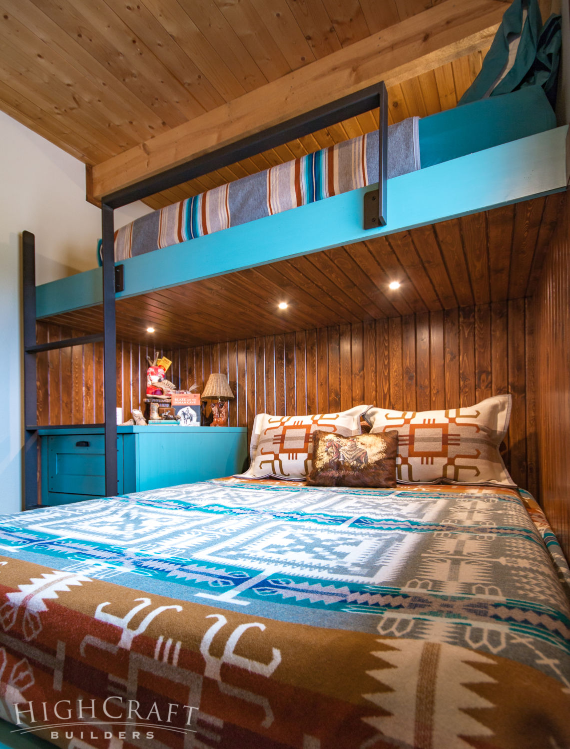 Custom-bunk-room-rustic-teal-southwest-bedding