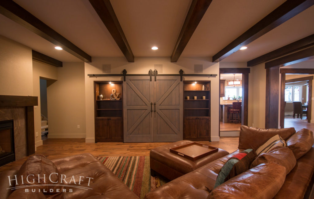 rustic remodel den barn doors wood beams