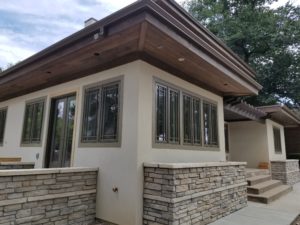 Ritter House remodel exterior stucco stone window closeup Aug 2018