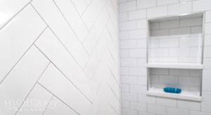 modern rustic basement bathroom shower herringbone tile