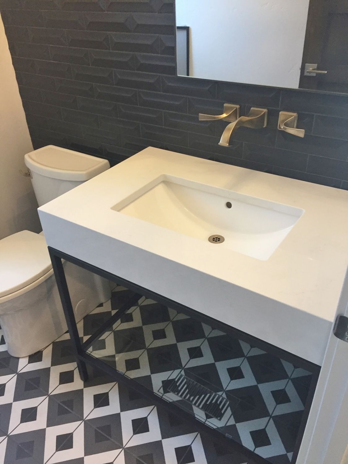 oveland new construction powder bathroom geometric tile June 2019