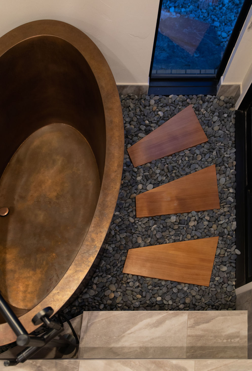 master bath remodel cedar stepping planks pebble floor soaker tub