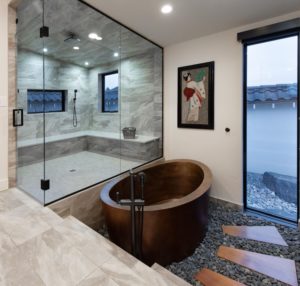 master bathroom remodel steam shower copper soaking tub cedar planks river stone floor