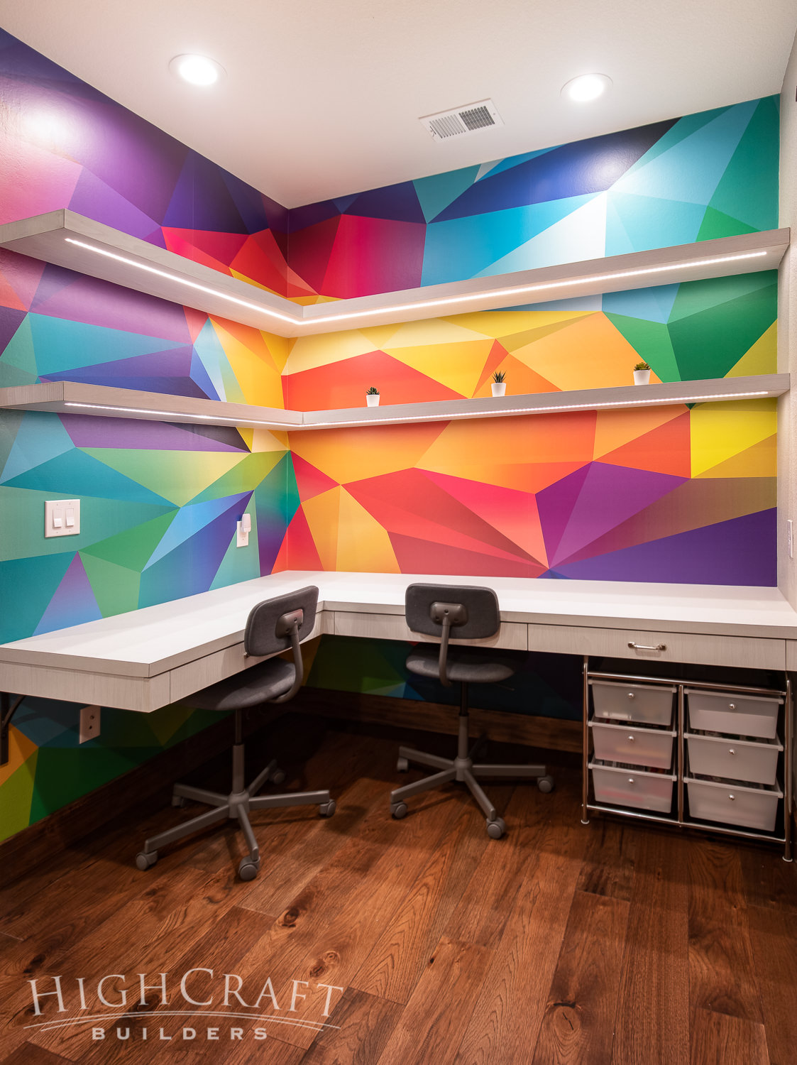 Bold-beautiful-basement-finish-workspace-colorful-wallpaper
