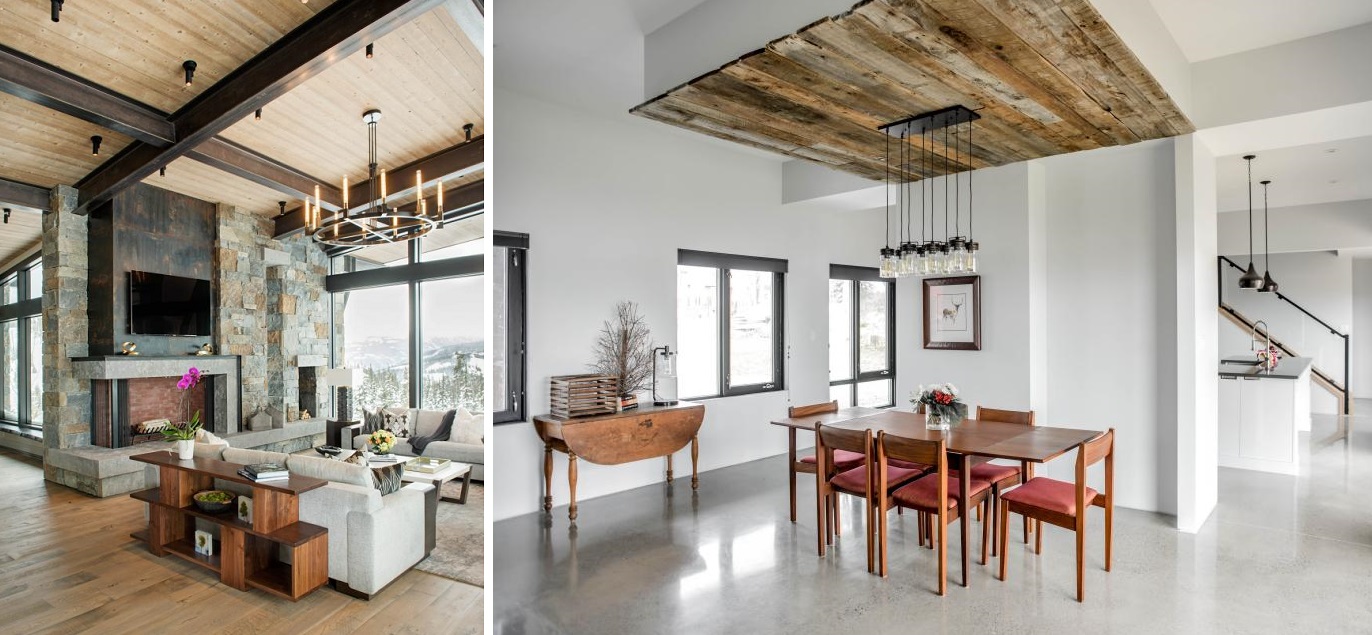 double_photo_mixed_materials_dining_room_reclaimed_wood_metal_beams