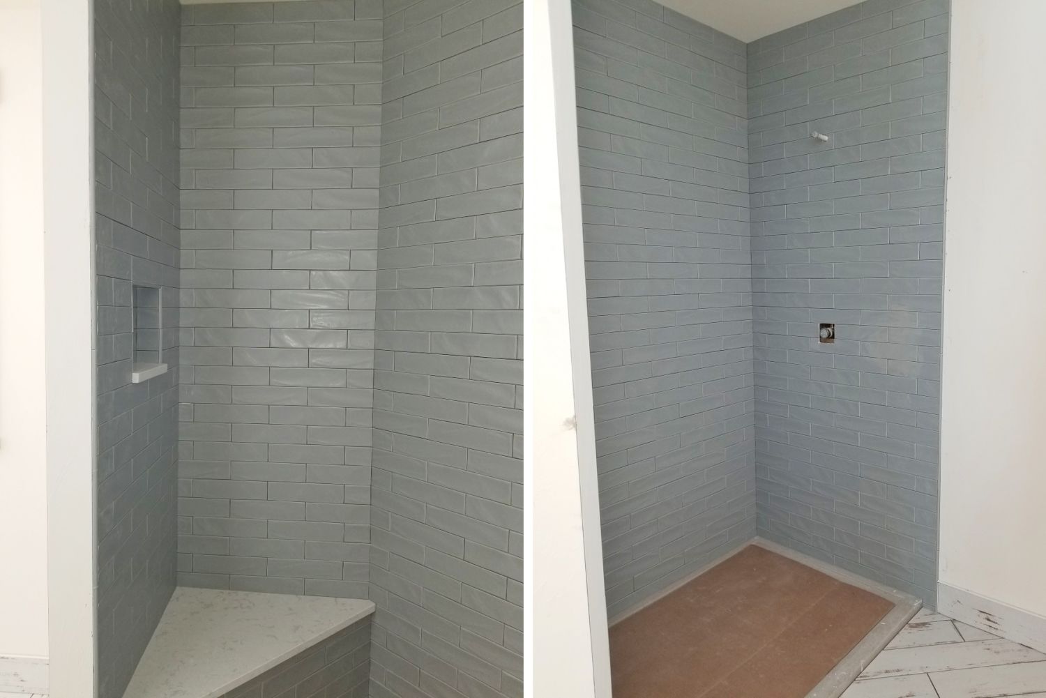 mountain_custom_home_building_bathroom_shower_gray_tile_corner_bench_two_pics