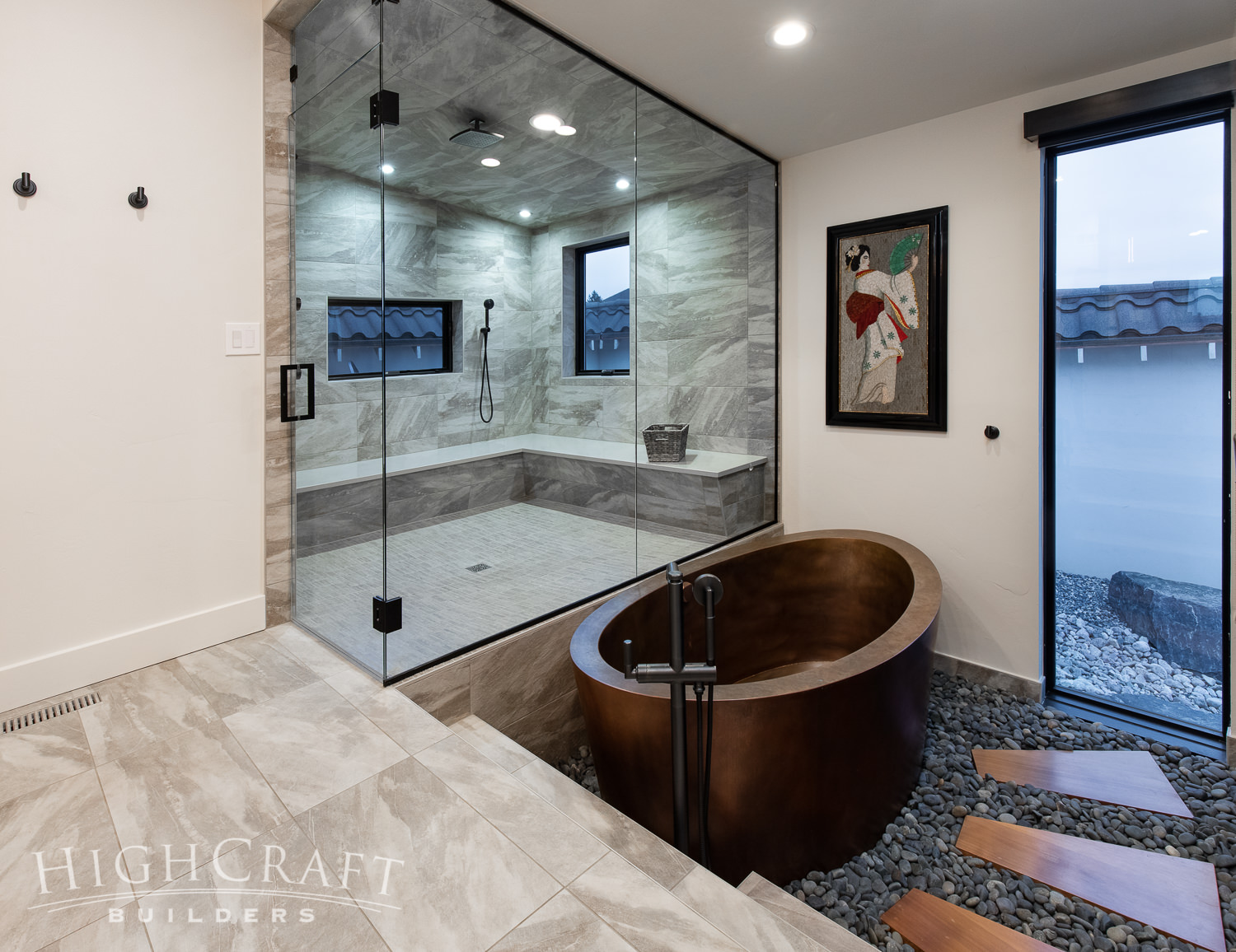 bathroom_and_remodeling_frameless_glass_shower_copper_soaking_tub_cedar_plank_stepping_stones