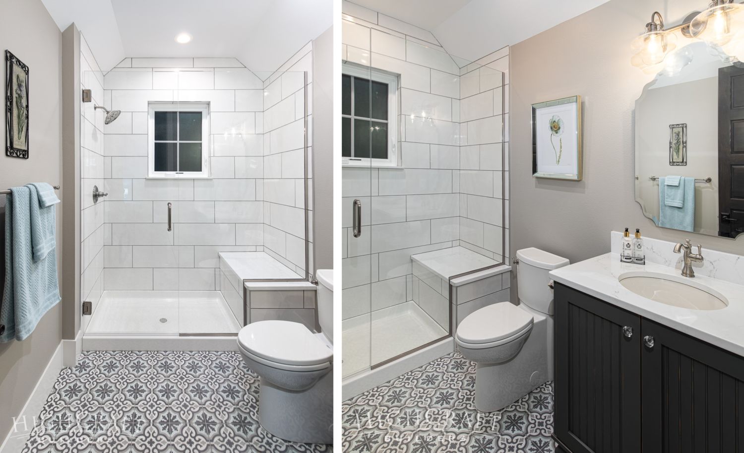 custom_home_builder_colorado_guest_bathroom_pattern_tile_flooring_two_photos