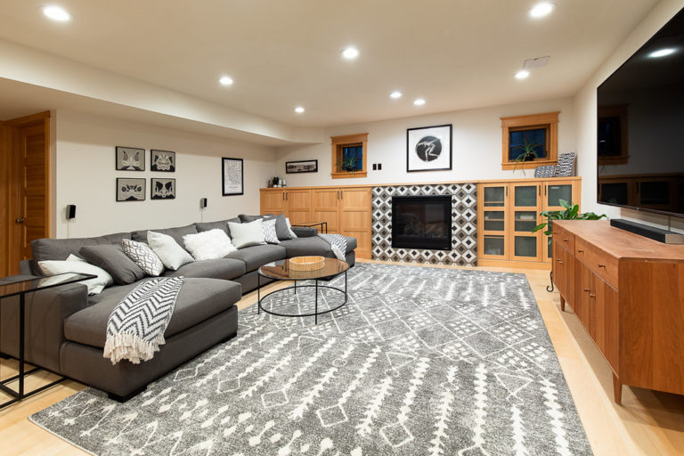 old town basement remodel fireplace builtins HighCraft