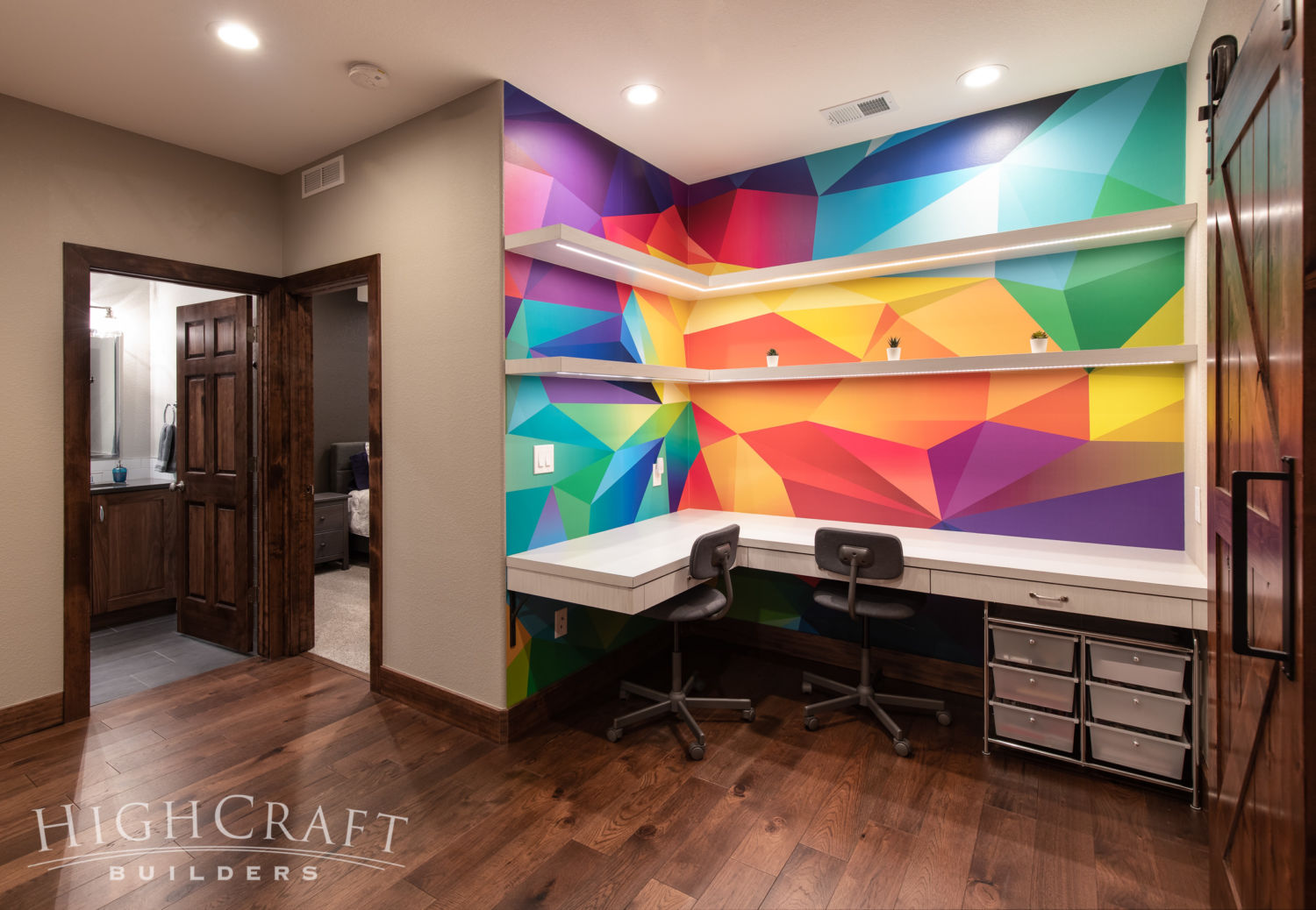 basement-homework-desk-space-colorful-geometric-wallpaper