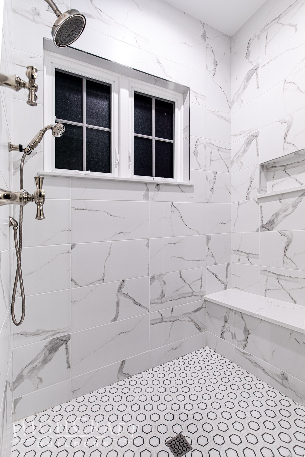 custom_home_builder_colorado_master_bath_shower_marbled_quartz_surround_hex_tiles
