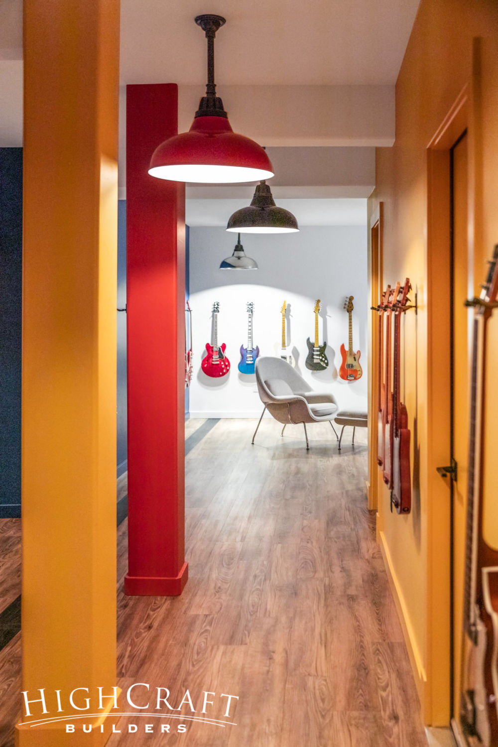 basement-remodeling-fort-collins-co-yellow-red-columns-electric-guitars