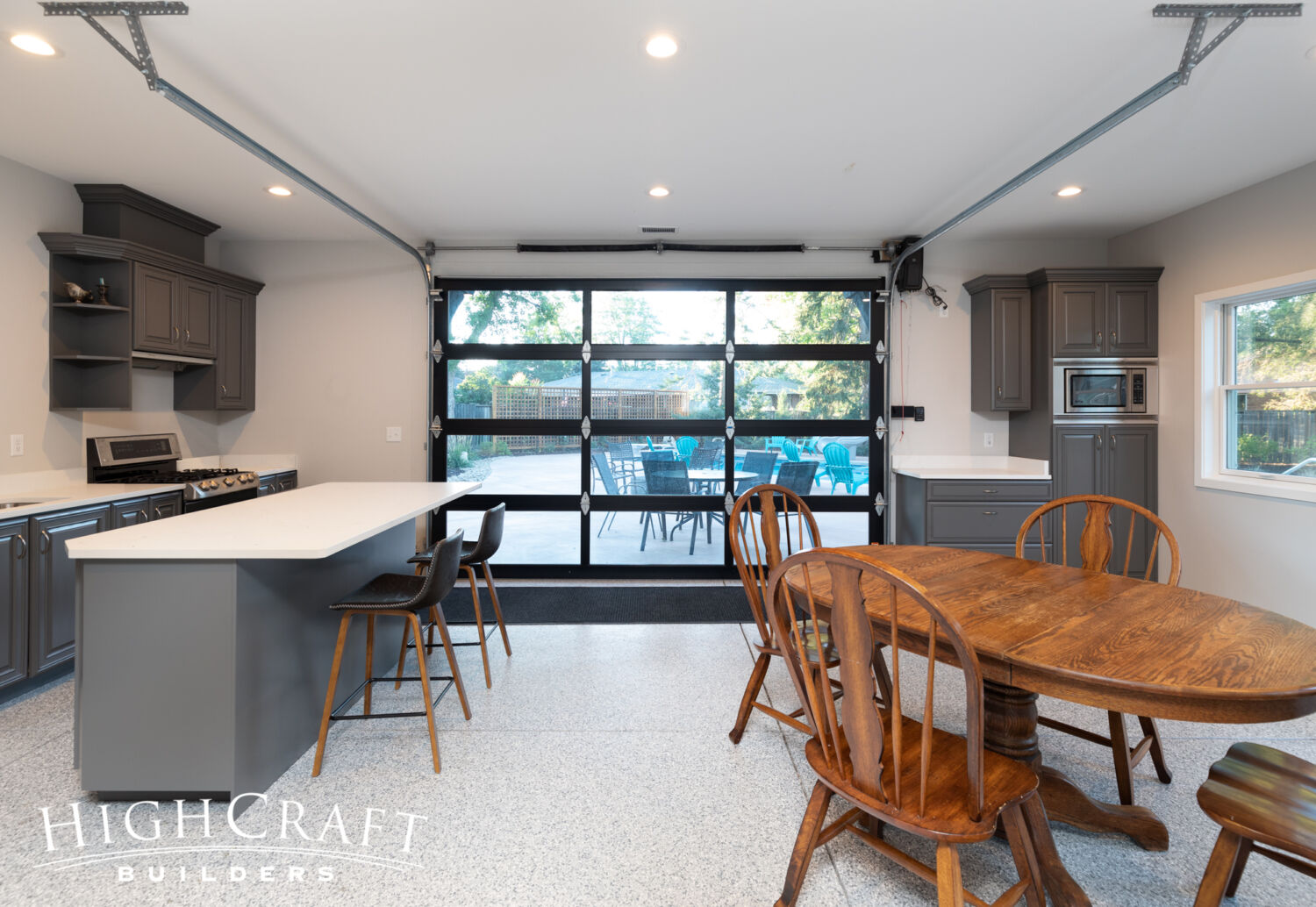 Kitchen-Bath-Pool-House-epoxy-flooring-glass-paneled-garage-door-kitchenette