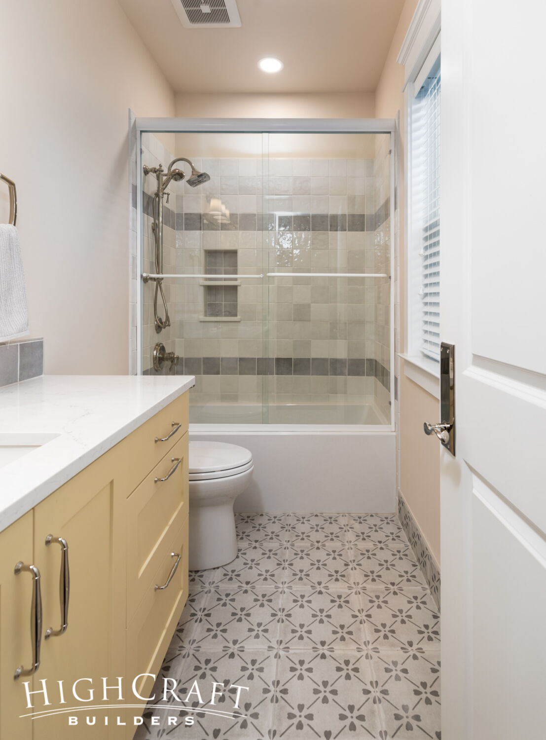Eclectic-Remodel-in-Old-Town-Guest-Bath-with-Transistional-Patterned-Floor-Tile