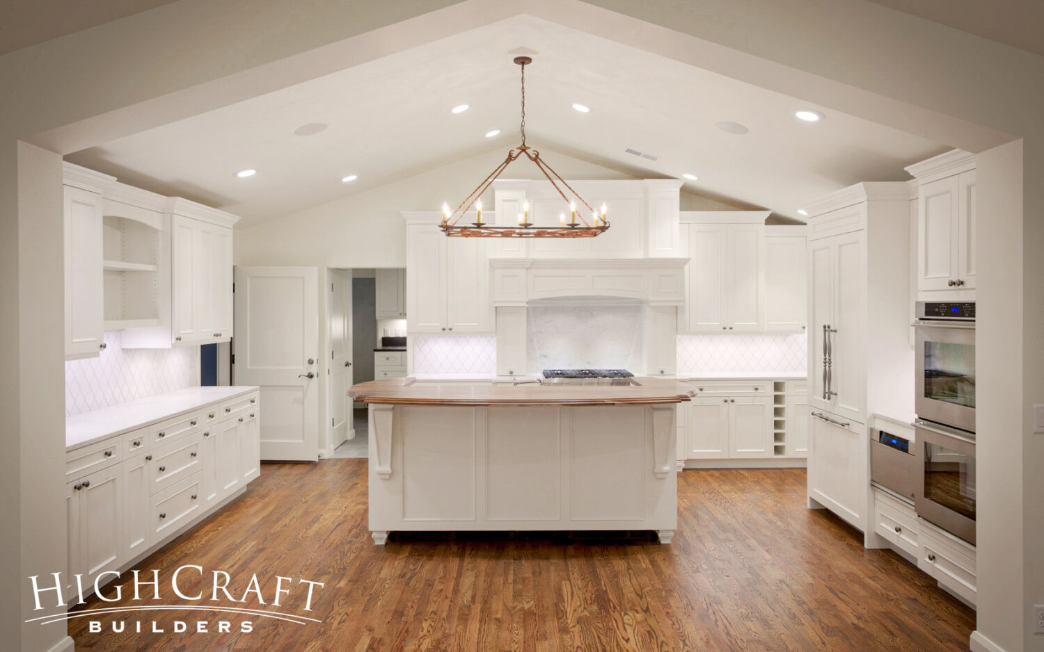 Kitchen-And-Great-Room-Addition-Transitional-White-Cabinets-Tile-Island-Chandelier-Vaulted-Ceiling