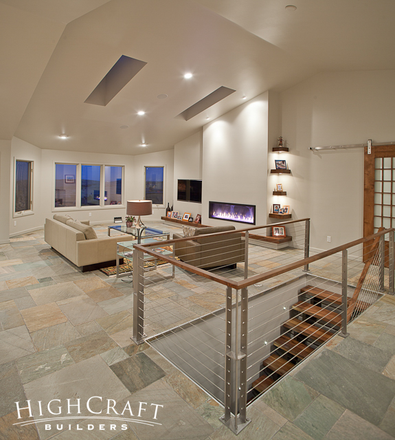 Modern-Mountain-Open-Concept-Basement-Stairs-Cable-Railing-Living-Room-Slate-Floors