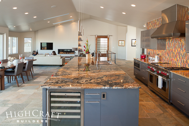 Modern-Mountain-Open-Concept-Granite-Countertops-Gray-Slab-Cabinets-Dining-Livingroom-Linear-Fireplace-Galley-Kitchen