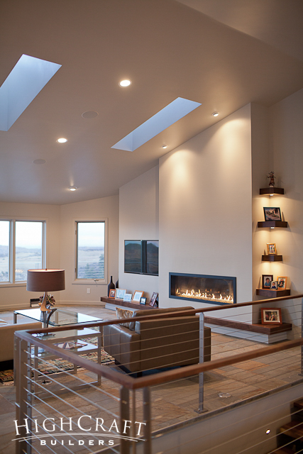 Modern-Mountain-Open-Concept-Living-Room-Accent-Lighting-Linear-Fireplace-Floating-Shelves-Cable-Railing