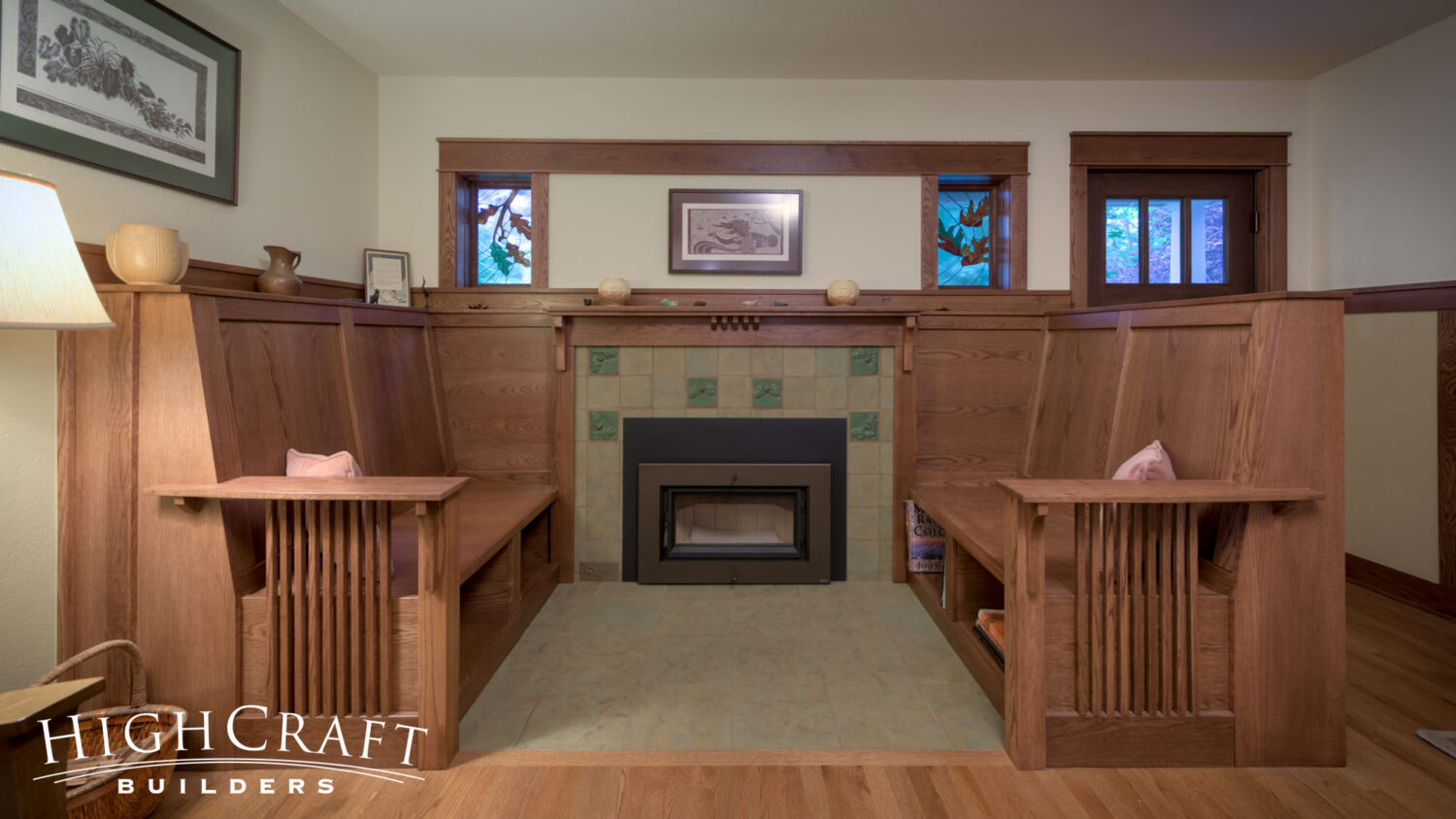 Craftsman-Bungalow-Restoration-Custom-Carpentry-Bench-Seating-With-Storage-Living-Room-Fireplace
