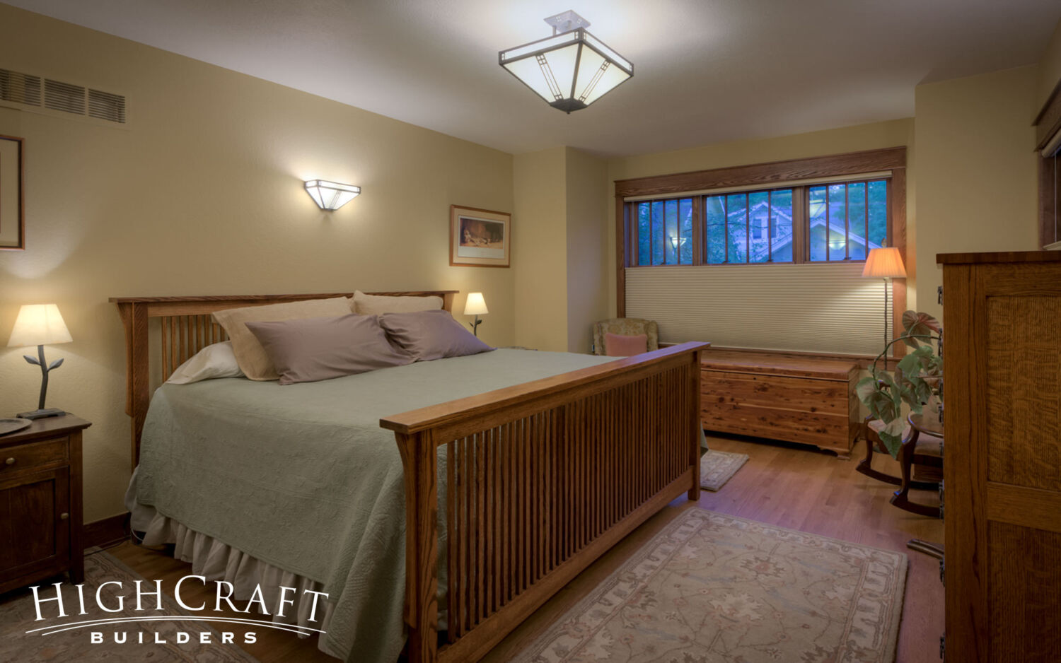 Craftsman-Bungalow-Restoration-Master-Bedroom-Hardwood-Floors-Semi-Flush-Light