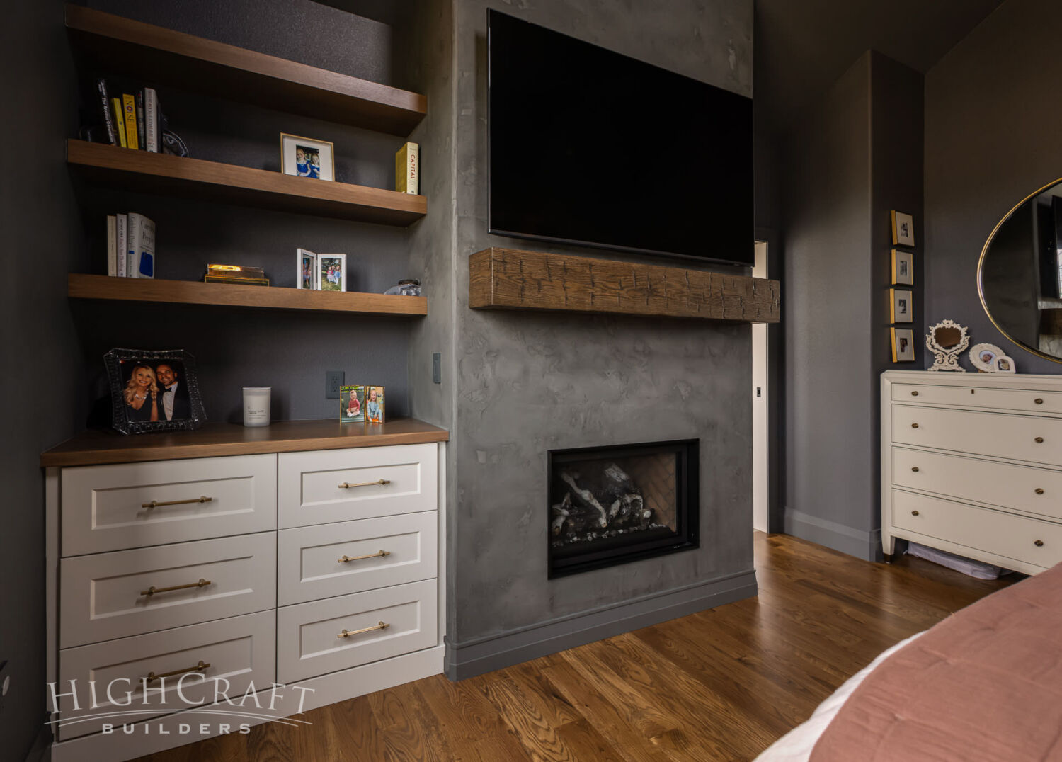 home-remodeling-cheyenne-wyoming-primary-bedroom-fireplace-venetian-plaster-built-in-dresser