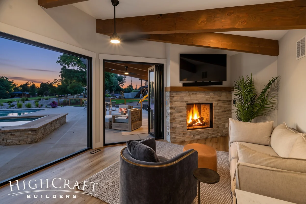loveland-home-builder-pool-house-fireplace-open-bifold